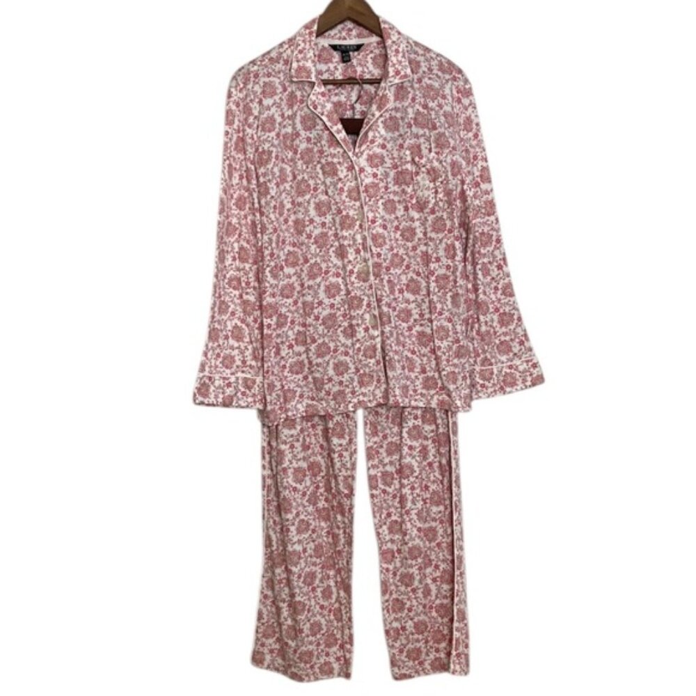 Lauren Ralph Lauren Pajamas Womens XL White Pink Floral Cotton PJs Top Bottoms